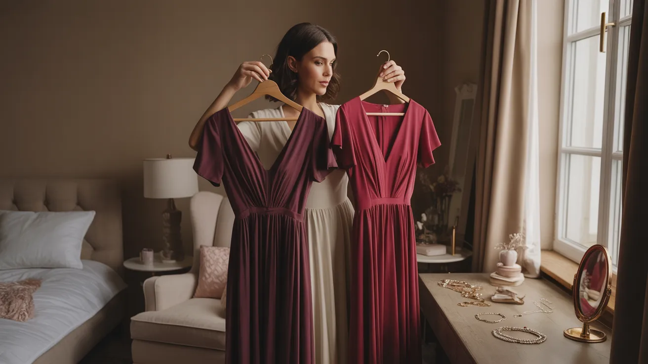  A woman stands by a window, holding two colorful dresses, contemplating her outfit choices.