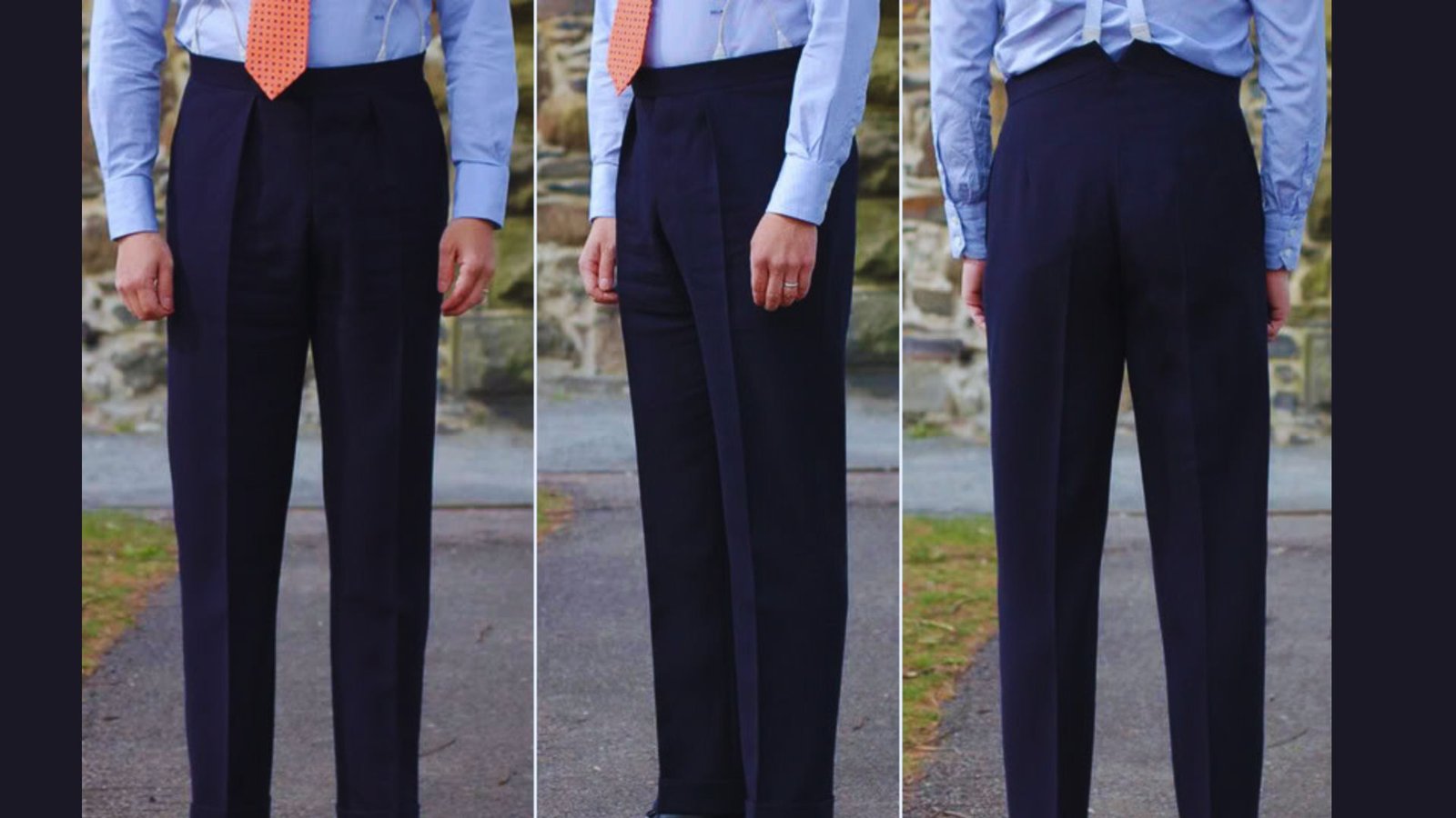 A series of three images featuring a man in a tie and pants, displaying various angles and styles.
