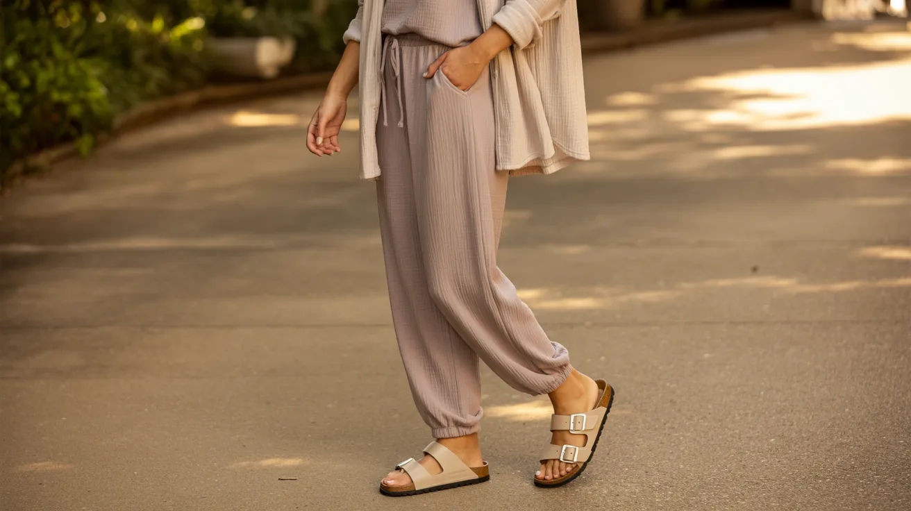  A woman in a white cardigan and pants stands, showcasing a casual yet stylish outfit.