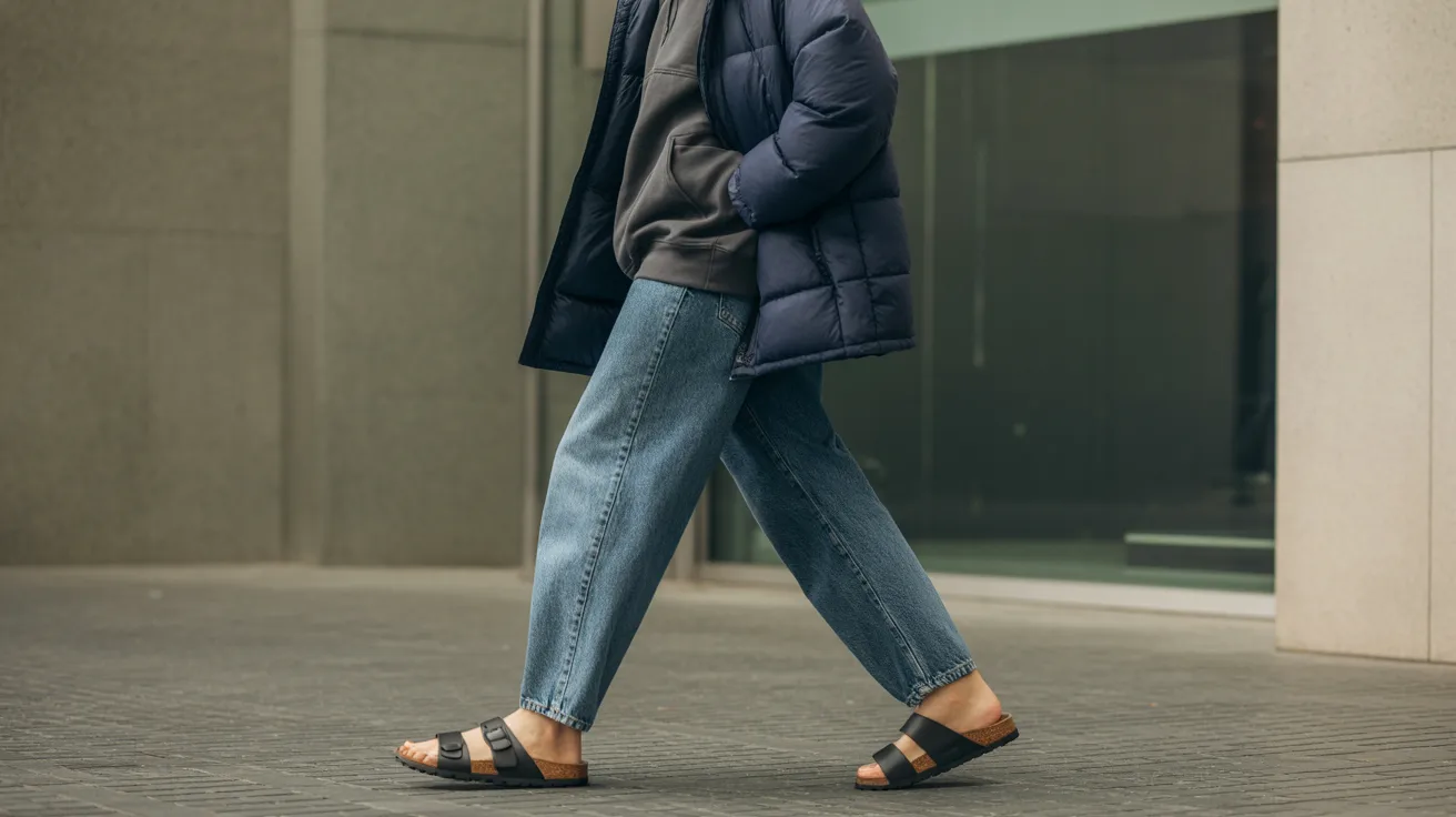 A woman wearing a blue coat and jeans strolls along the street, with buildings visible in the background.