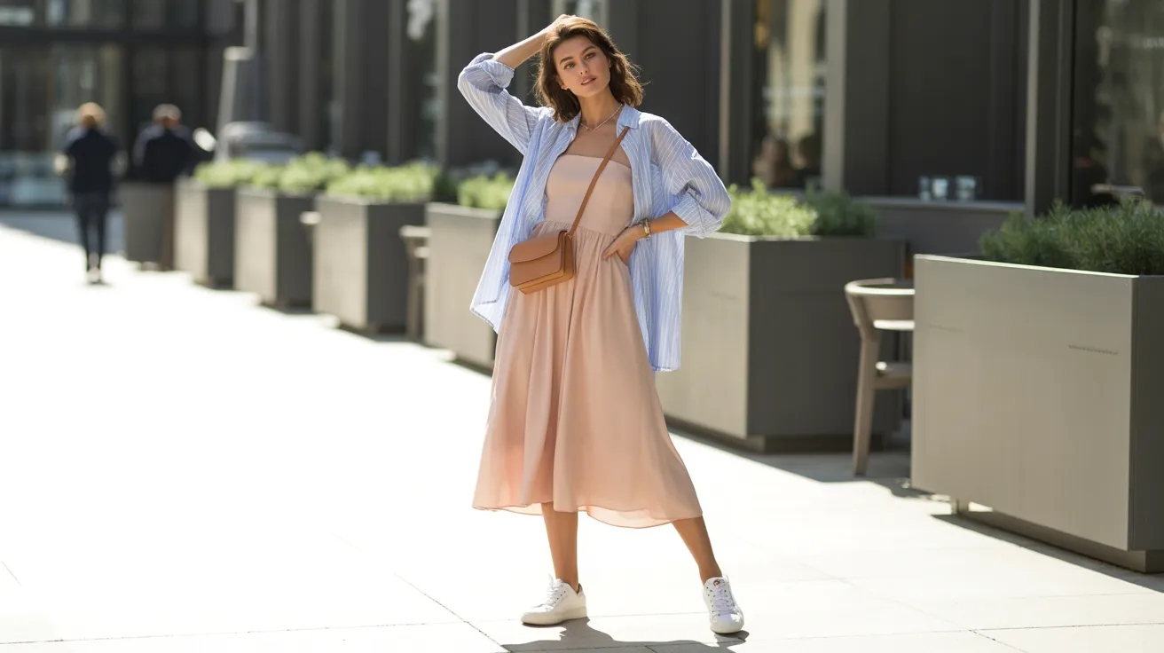 A woman wearing a light pink dress over a blue shirt stands gracefully, showcasing her stylish outfit.
