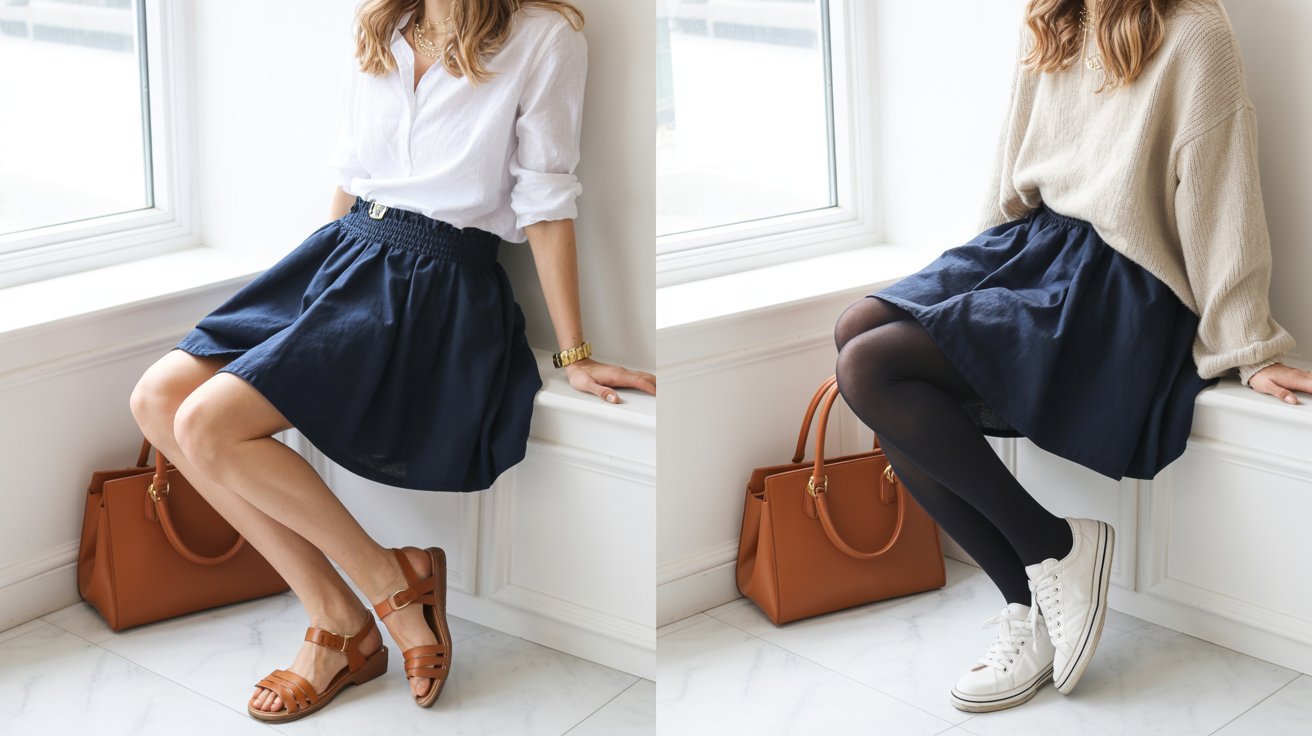 Two images of a woman wearing a skirt and a sweater, showcasing her outfit from different angles.