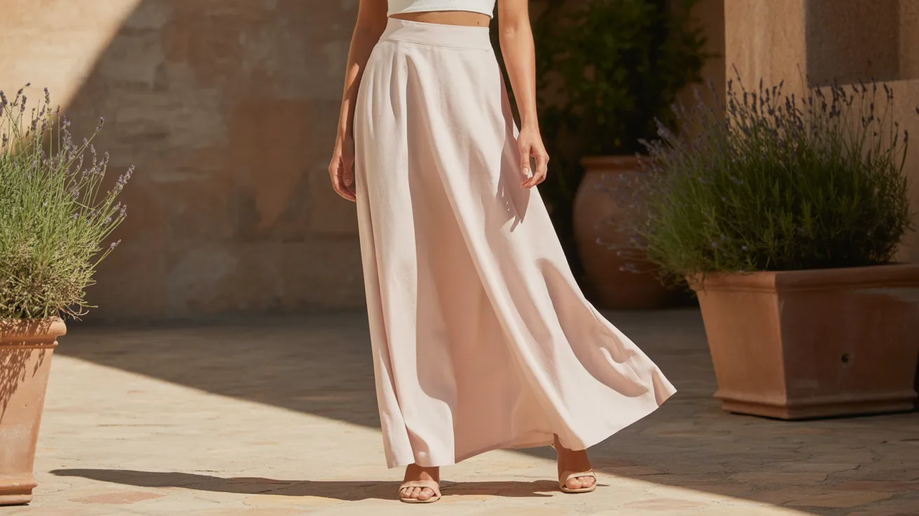  A model showcases a blush-colored skirt paired with a matching crop top, highlighting a stylish summer outfit.
