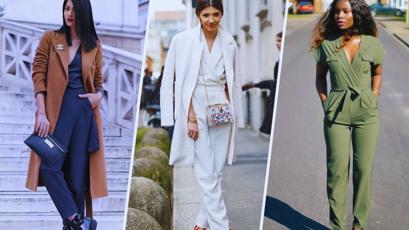 Three women in stylish suits showcase diverse fashion ideas for pairing with jumpsuits.
