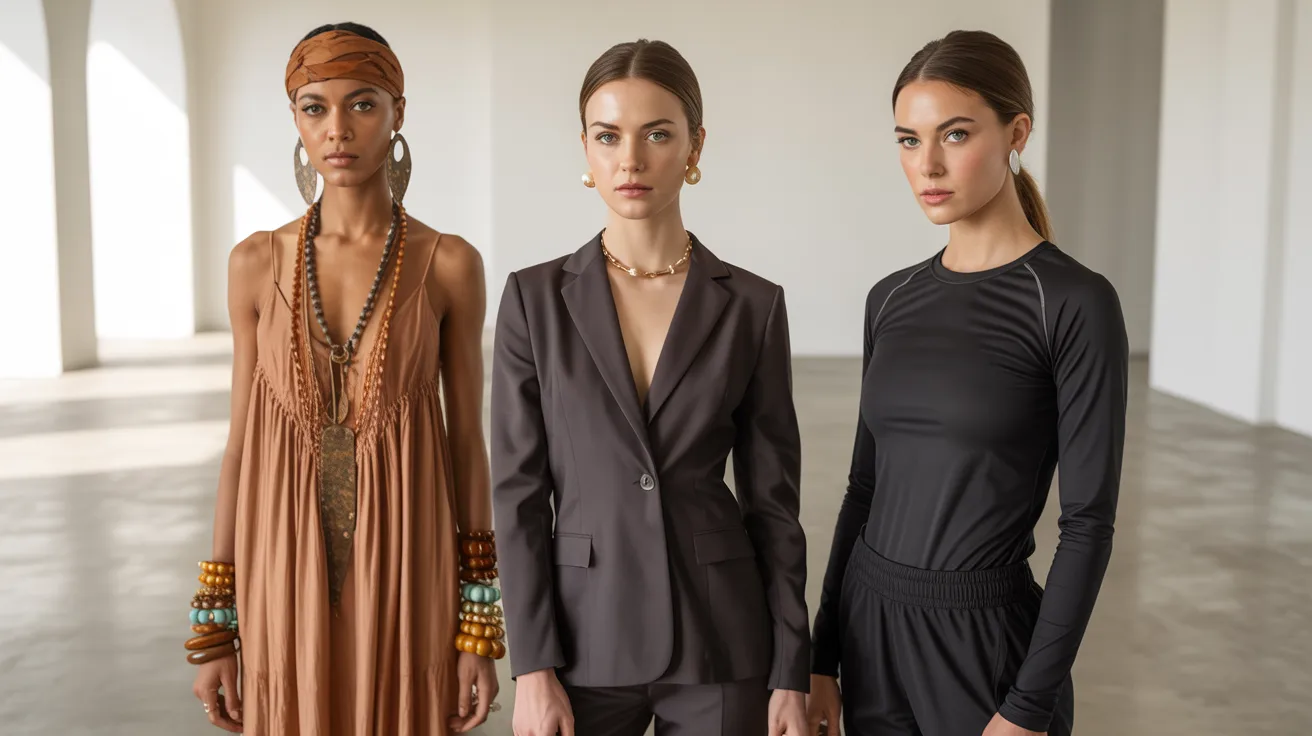 A group of three women dressed in black, brown, and tan outfits, highlighting their unique fashion sense and camaraderie.