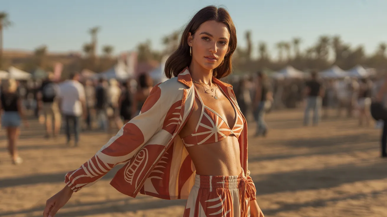 A woman in a bikini stands confidently in a vast desert landscape under a clear blue sky.