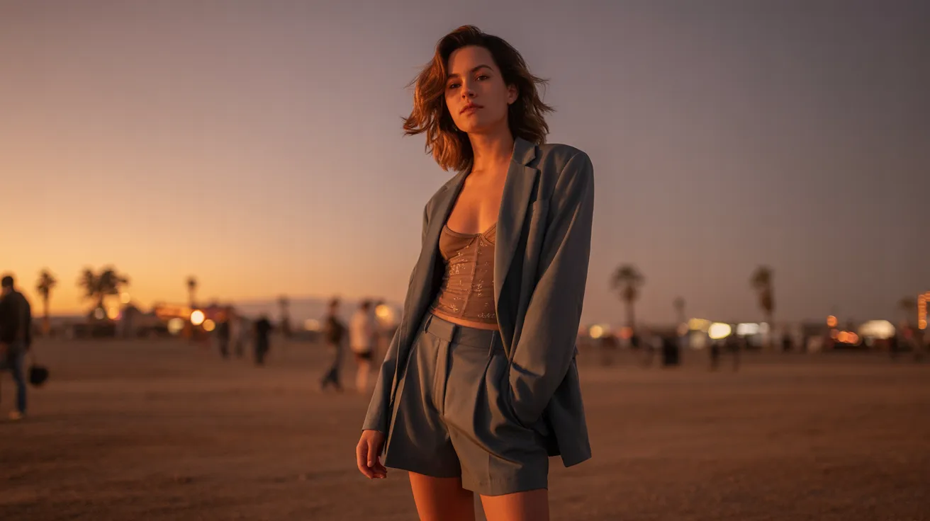 A woman in a suit and shorts stands confidently in a vast desert landscape under a clear blue sky.