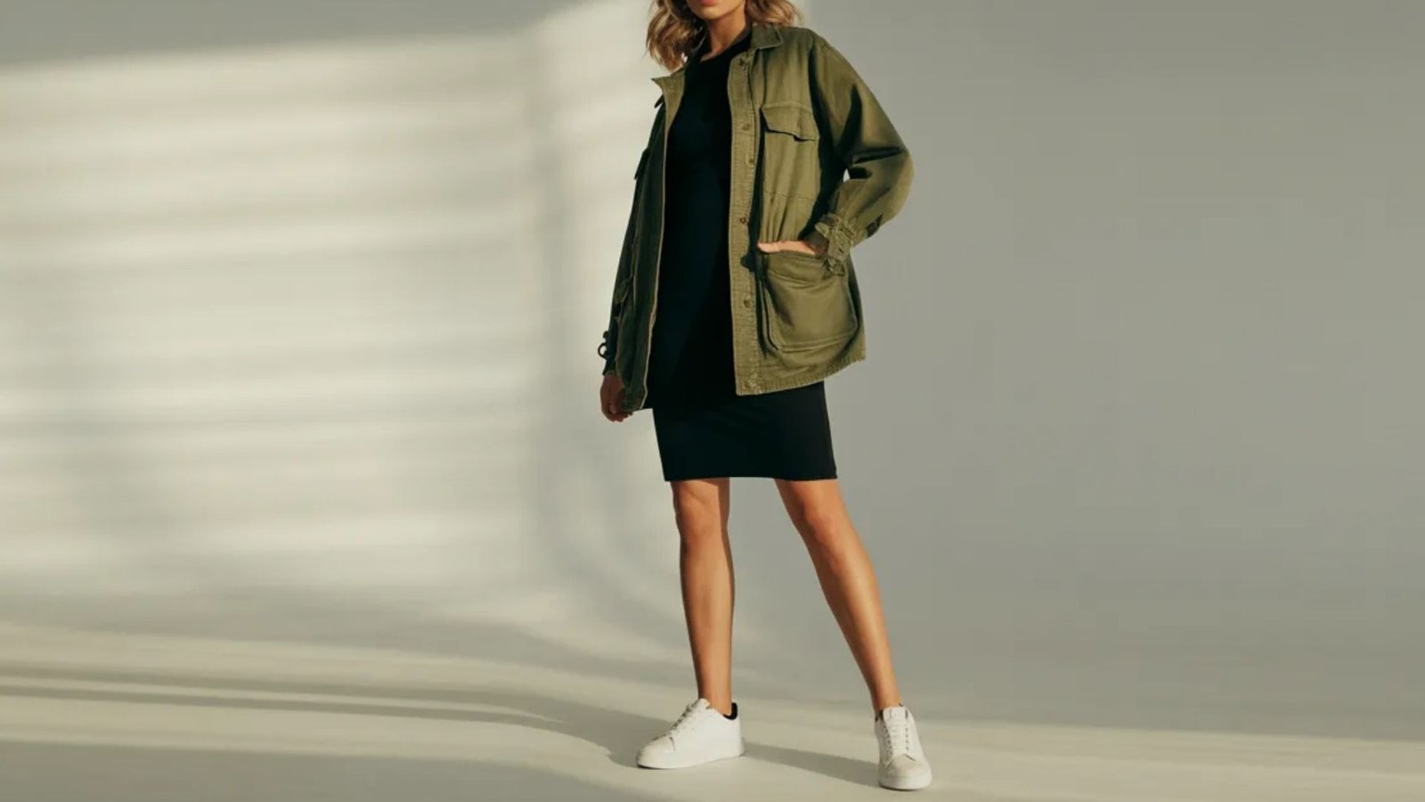 A woman wearing a green jacket over a black dress stands confidently, showcasing her stylish outfit.