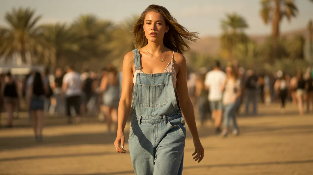 A woman in overalls walks through a vast desert landscape under a clear blue sky.