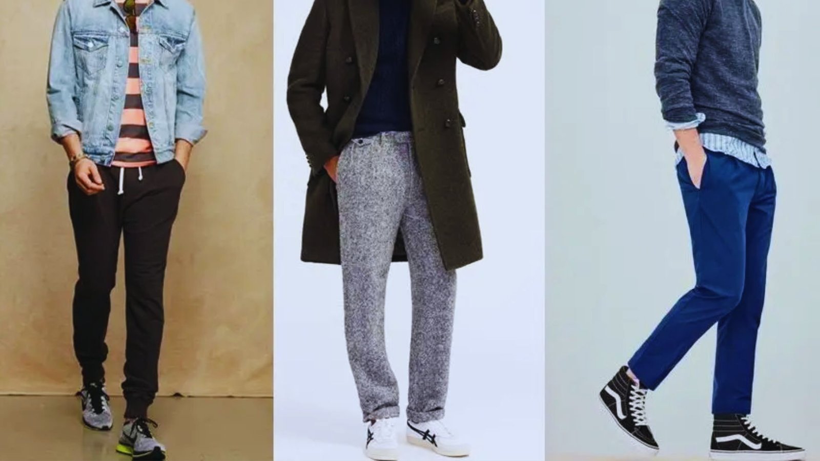 Three men wearing unique clothing styles demonstrate how to style shoes to enhance overall outfit appeal.
