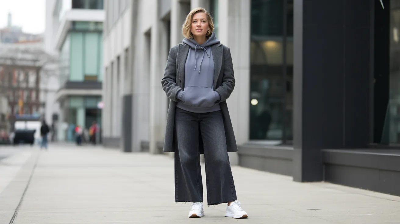 A woman in a grey hoodie and jeans stands casually, showcasing a relaxed and comfortable style.