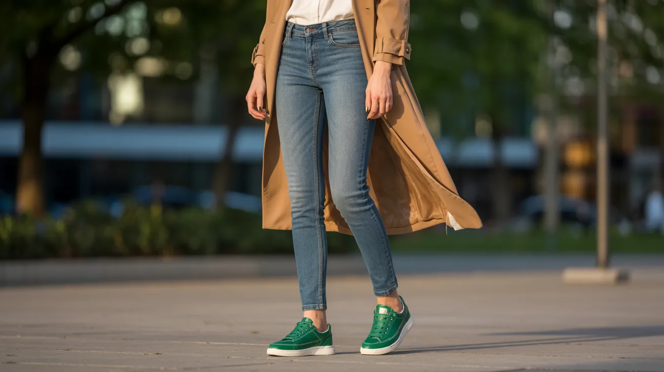 A woman in a trench coat and jeans stands, embodying a chic and contemporary fashion sense.
