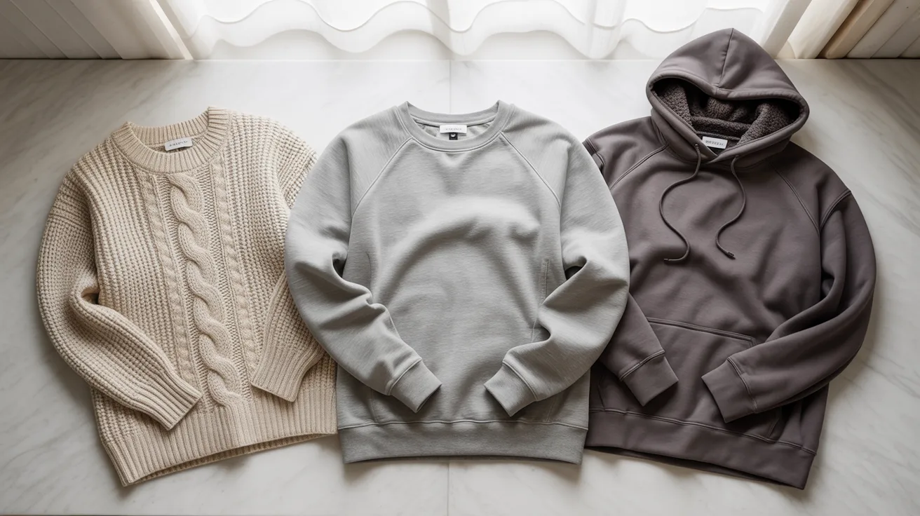 Three colorful sweaters neatly arranged on a white marble floor.