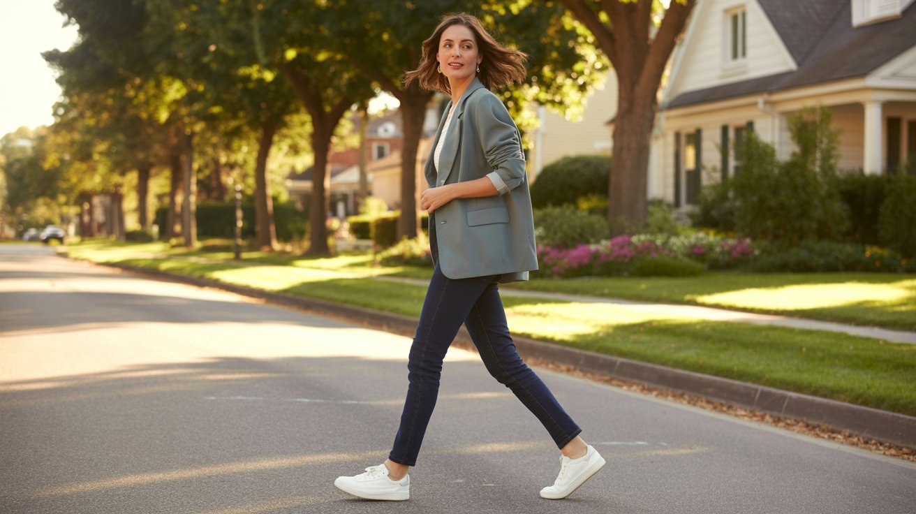 A woman in a blue blazer and jeans walks confidently down a city street.
