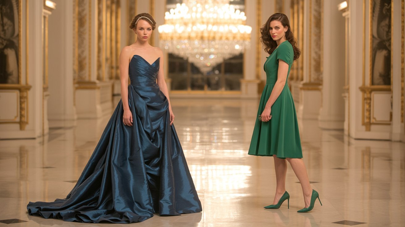 Two women in green dresses stand together in a spacious room, surrounded by elegant decor and soft lighting.