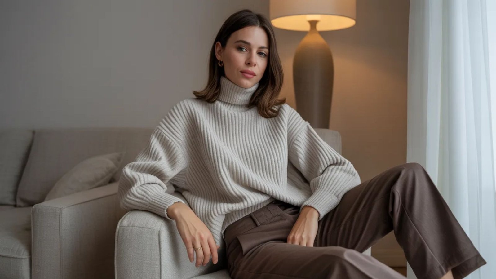 A woman wearing a sweater and pants sits comfortably on a couch, looking relaxed and at ease.
