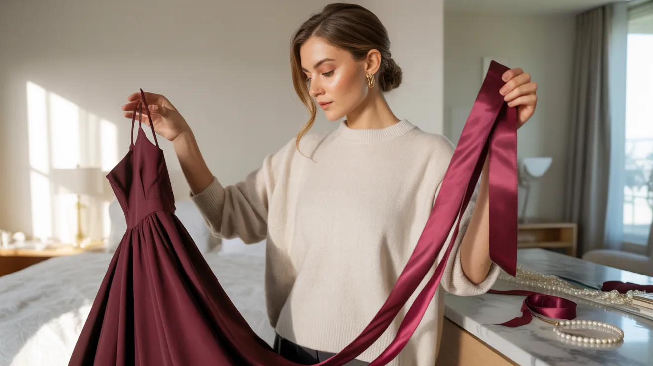 . A woman is placing a red dress neatly on a bed, preparing for an upcoming event or occasion.