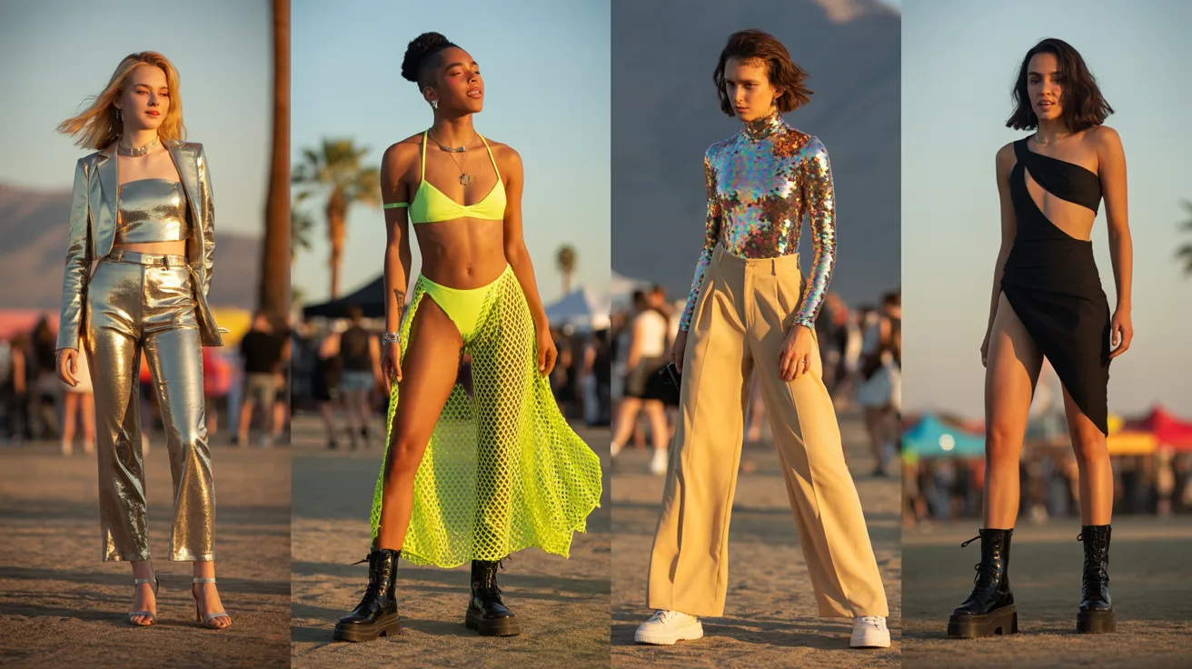 Four women in diverse outfits stand together on a sandy beach, enjoying the sunny day and ocean view.