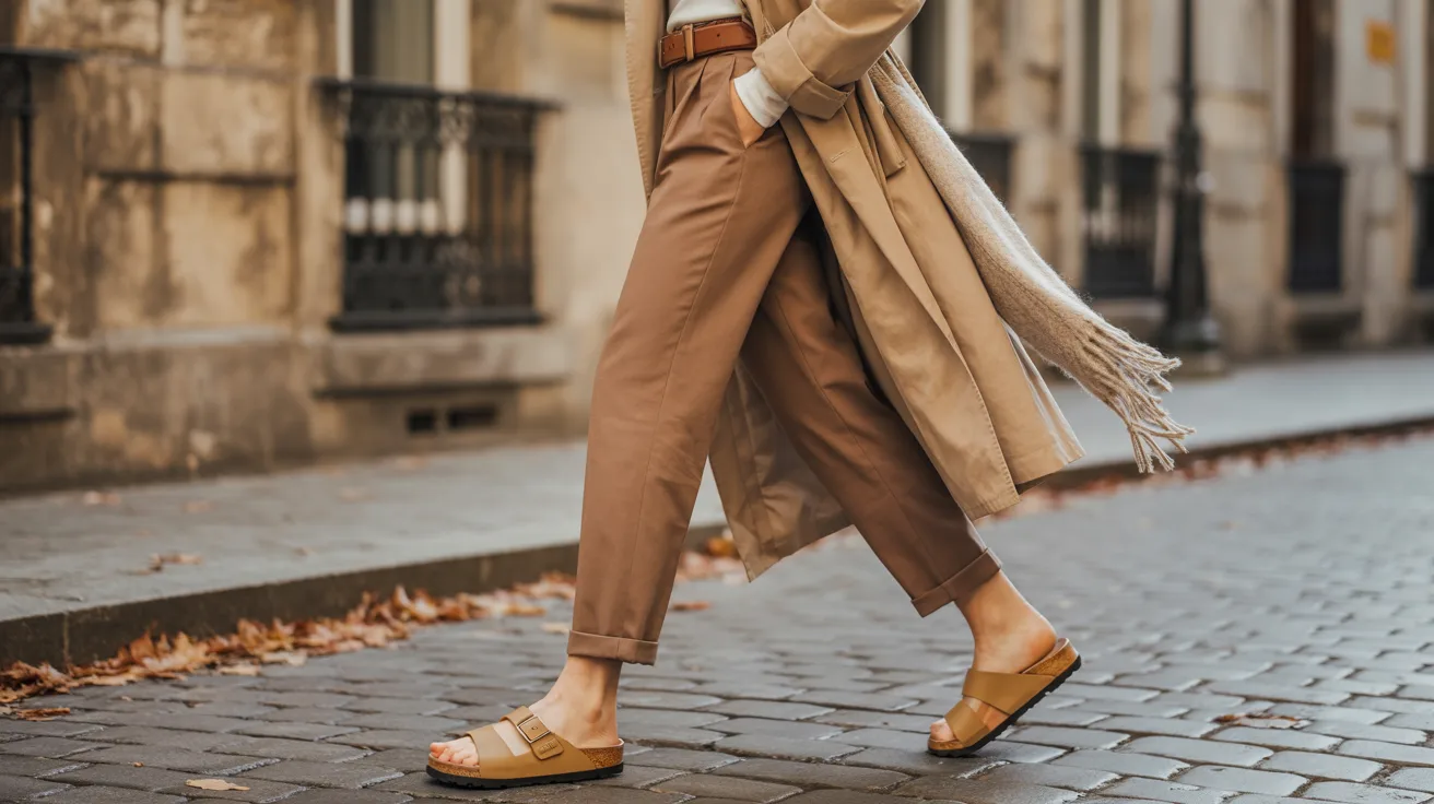 . A woman wearing brown pants and a trench coat is depicted, reflecting a fashionable and polished appearance.