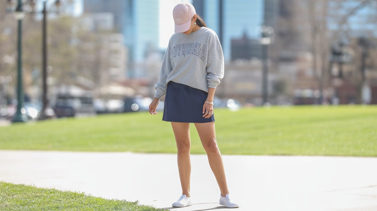 A woman wearing a grey sweatshirt and a blue skirt stands confidently, showcasing a casual yet stylish outfit.