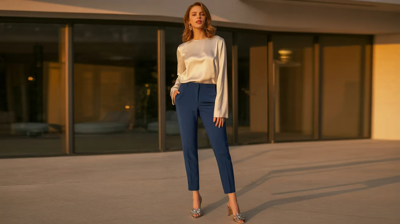  A woman wearing a white shirt and blue pants stands confidently, showcasing a casual yet stylish outfit.