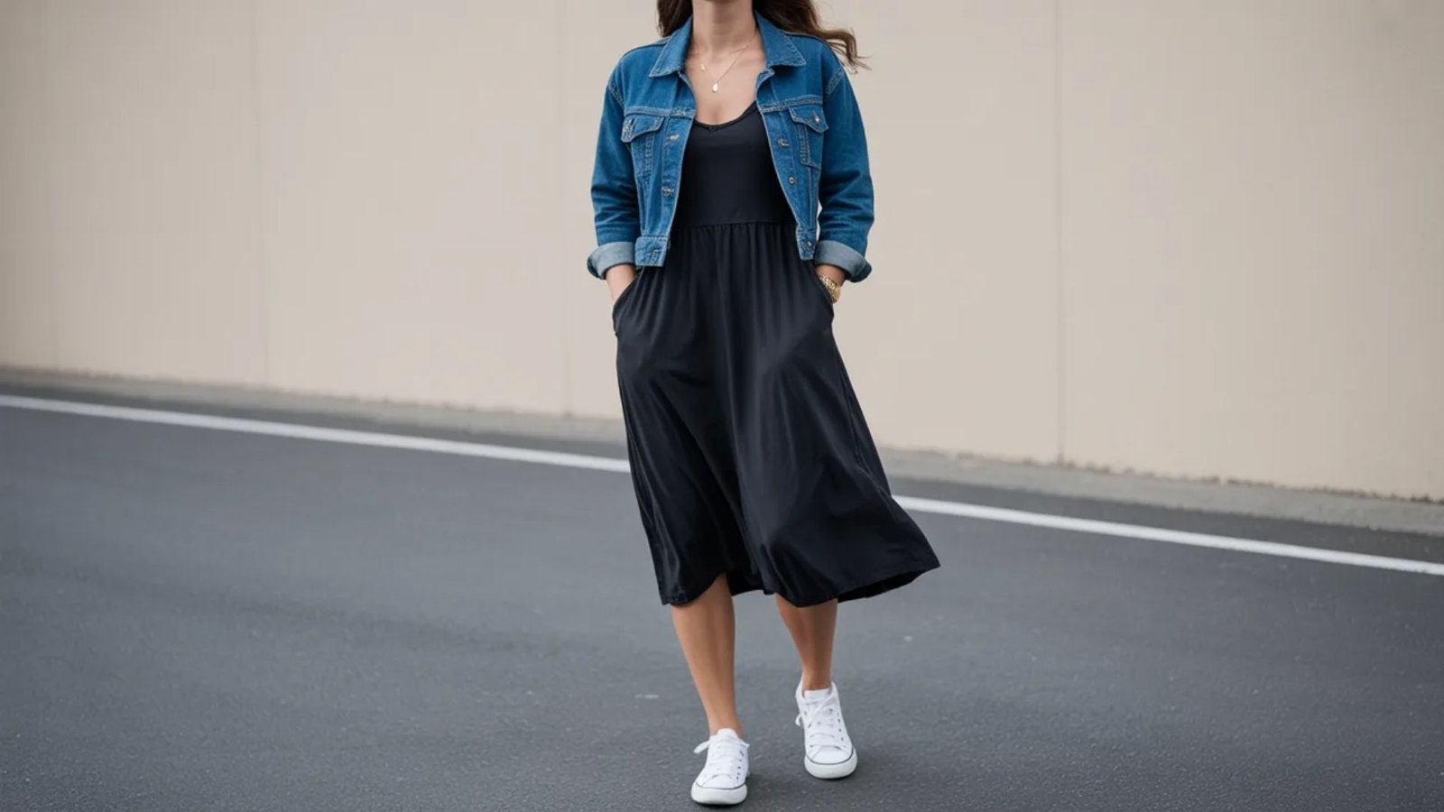A woman wearing a black dress paired with a denim jacket stands confidently, showcasing a stylish and casual look.