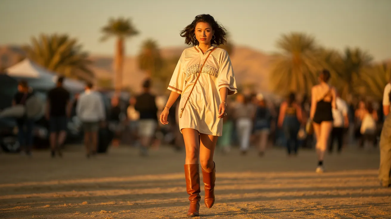 A woman in a white dress and boots walks through a vast desert landscape under a clear blue sky.