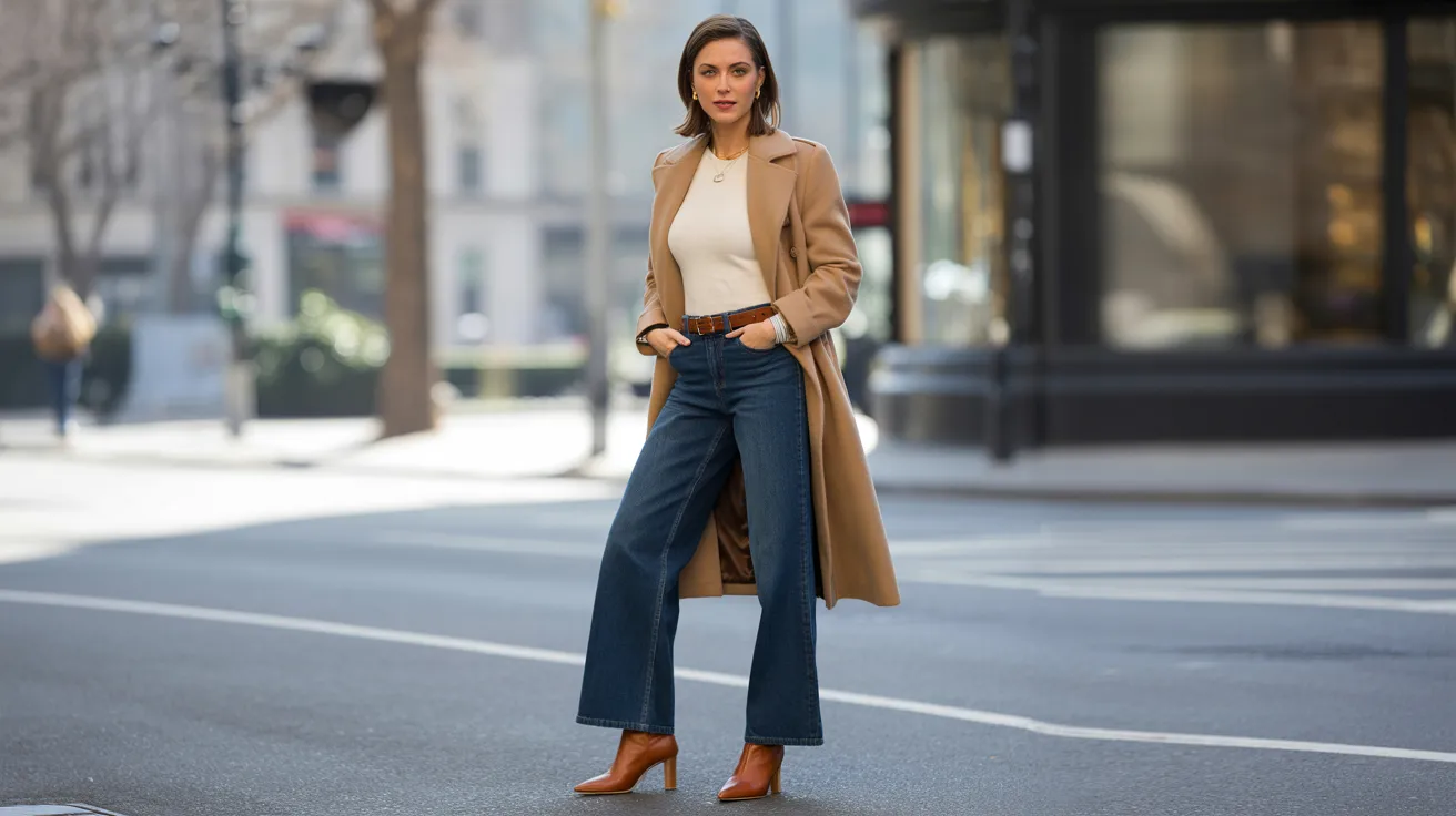 A woman wearing a camel coat and jeans stands on a city street, looking confidently ahead.