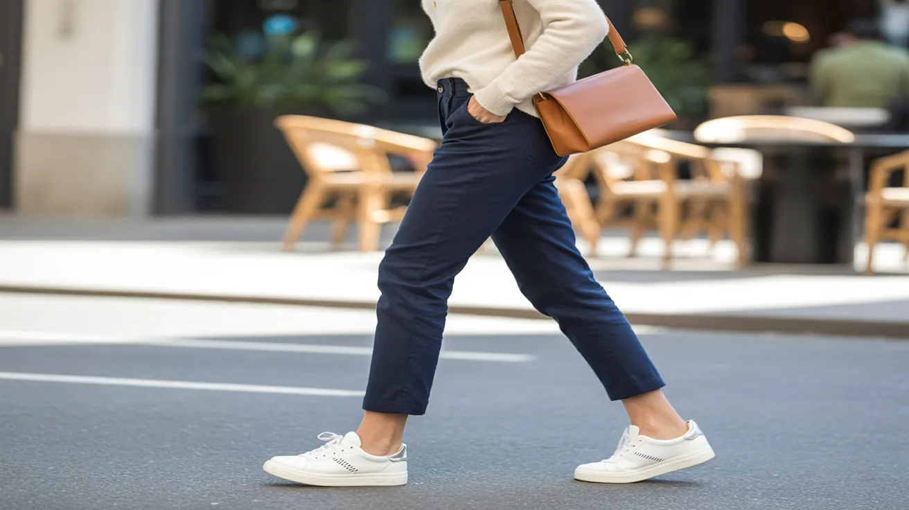 A woman in a white sweater and blue pants walking along a city street, surrounded by buildings and trees.