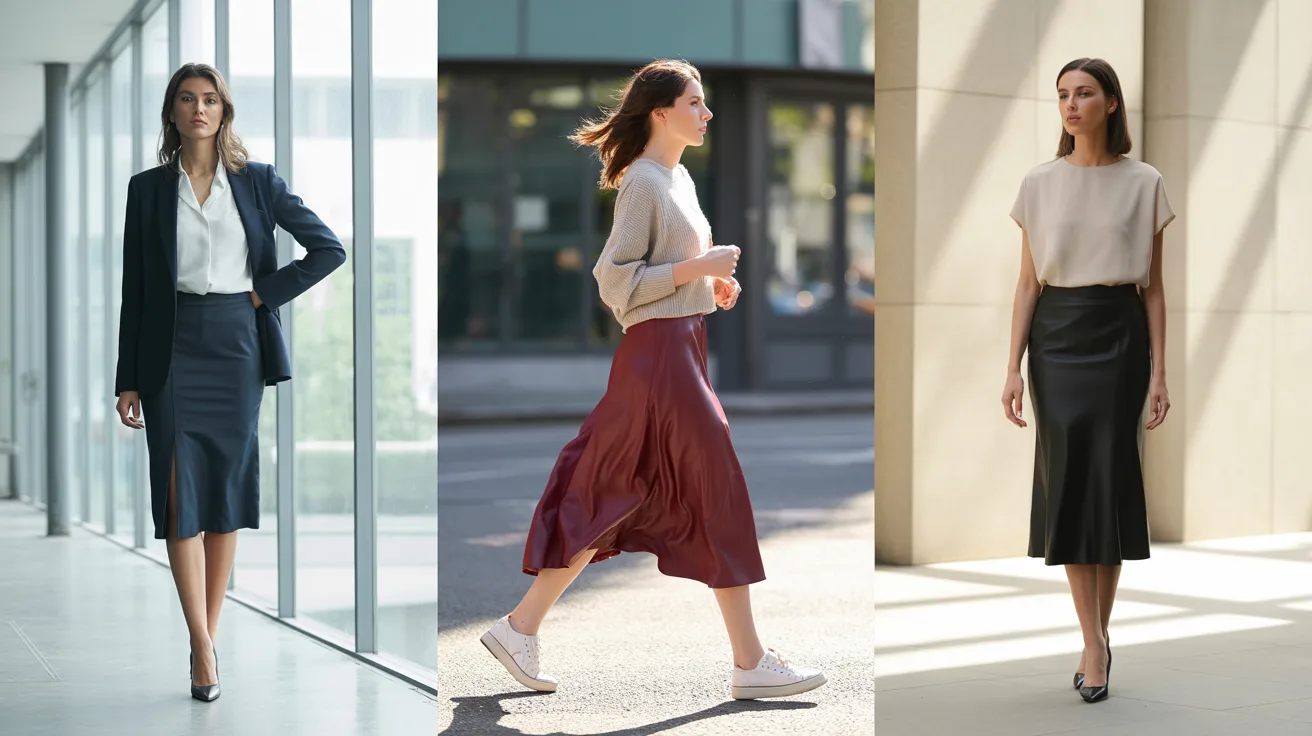  A collage of four women in different skirts, displaying a range of styles, fabrics, and colors.