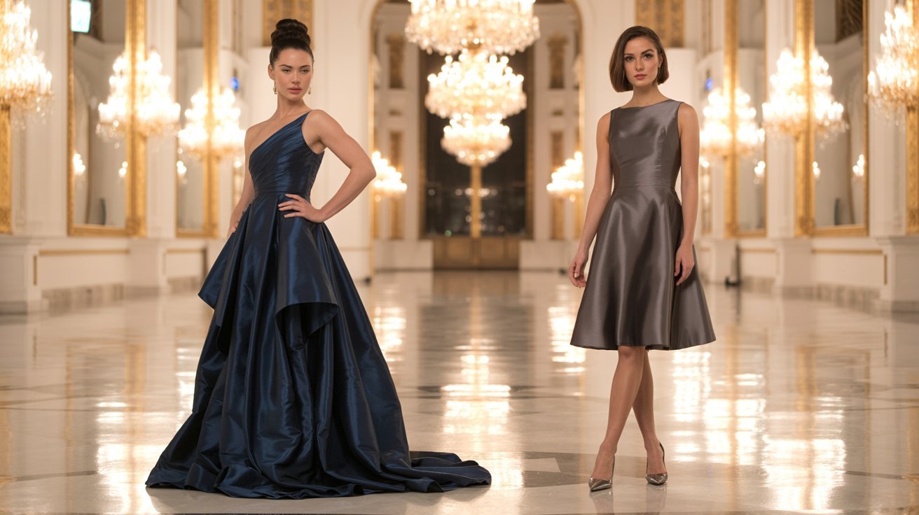 Two women in elegant formal dresses stand together in a spacious, well-decorated room.