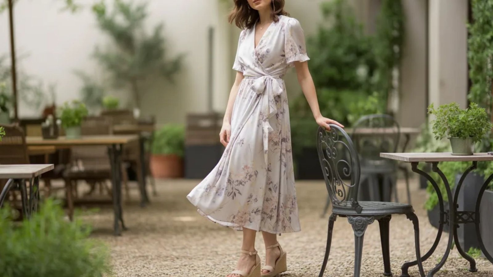 A woman in a flowing white dress stands in a picturesque courtyard, framed by lush greenery and warm sunlight.