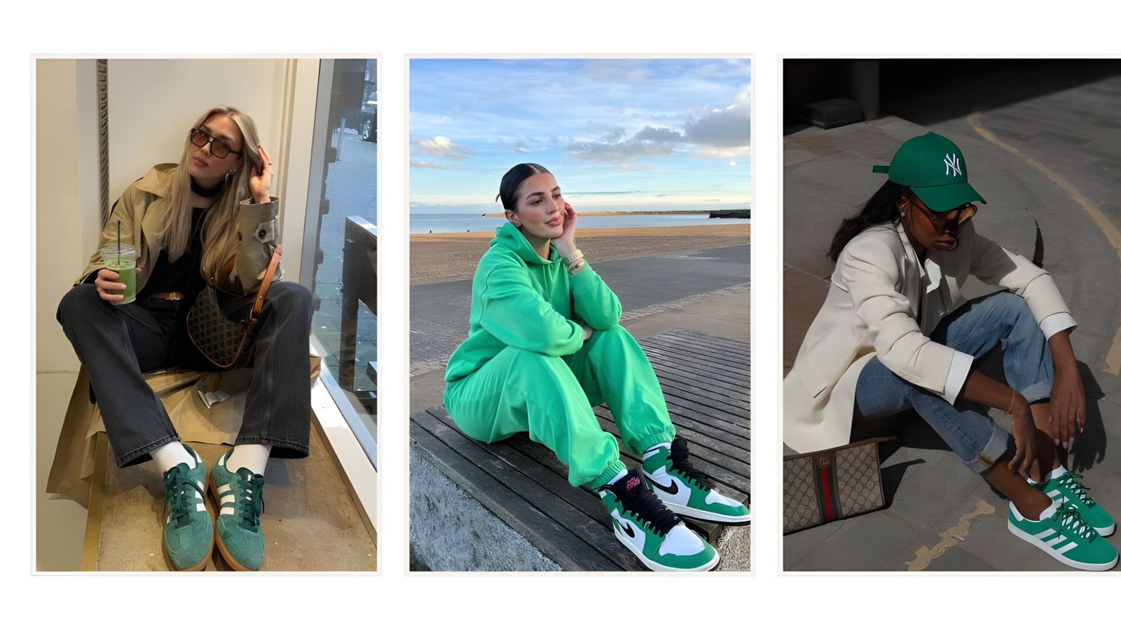 Four images of women showcasing different styles while wearing green sneakers.