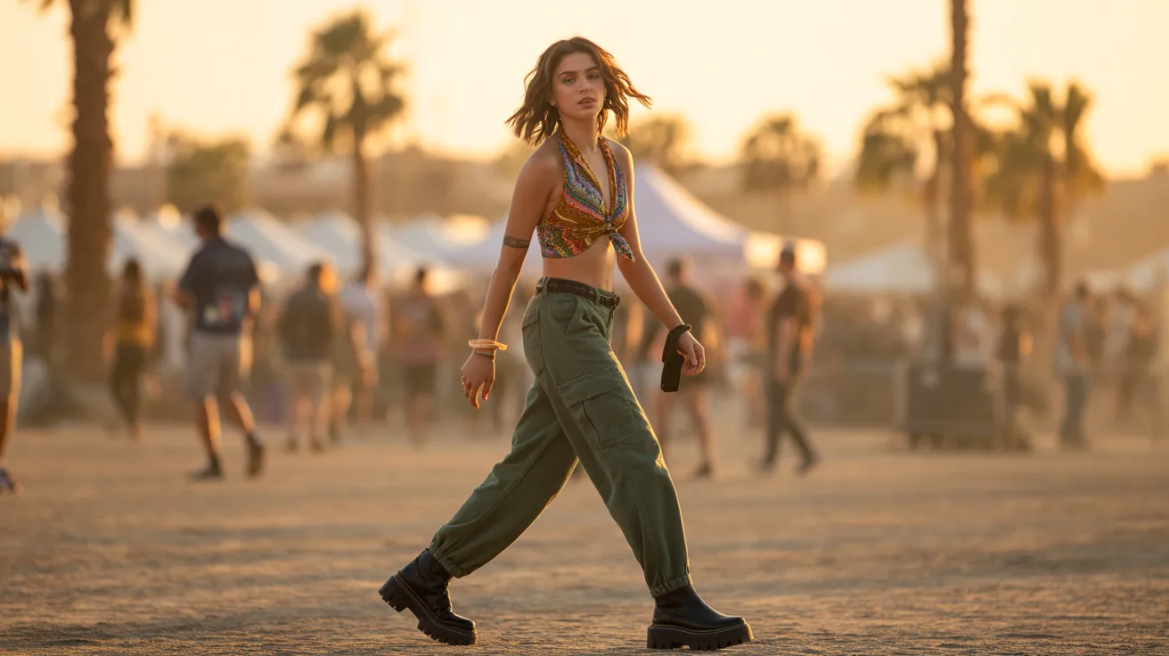 A woman walks through a desert landscape, surrounded by palm trees under a clear blue sky.