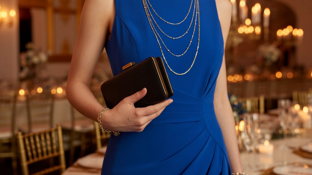 A woman in a blue dress elegantly holds a clutch, showcasing her stylish outfit and poised demeanor.