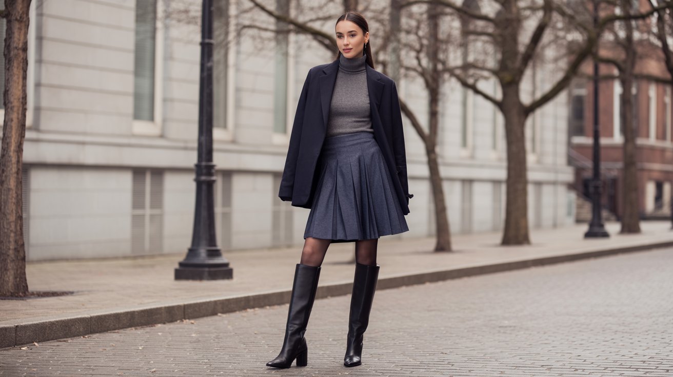A woman wearing a skirt and coat stands on a city street, looking confidently ahead.