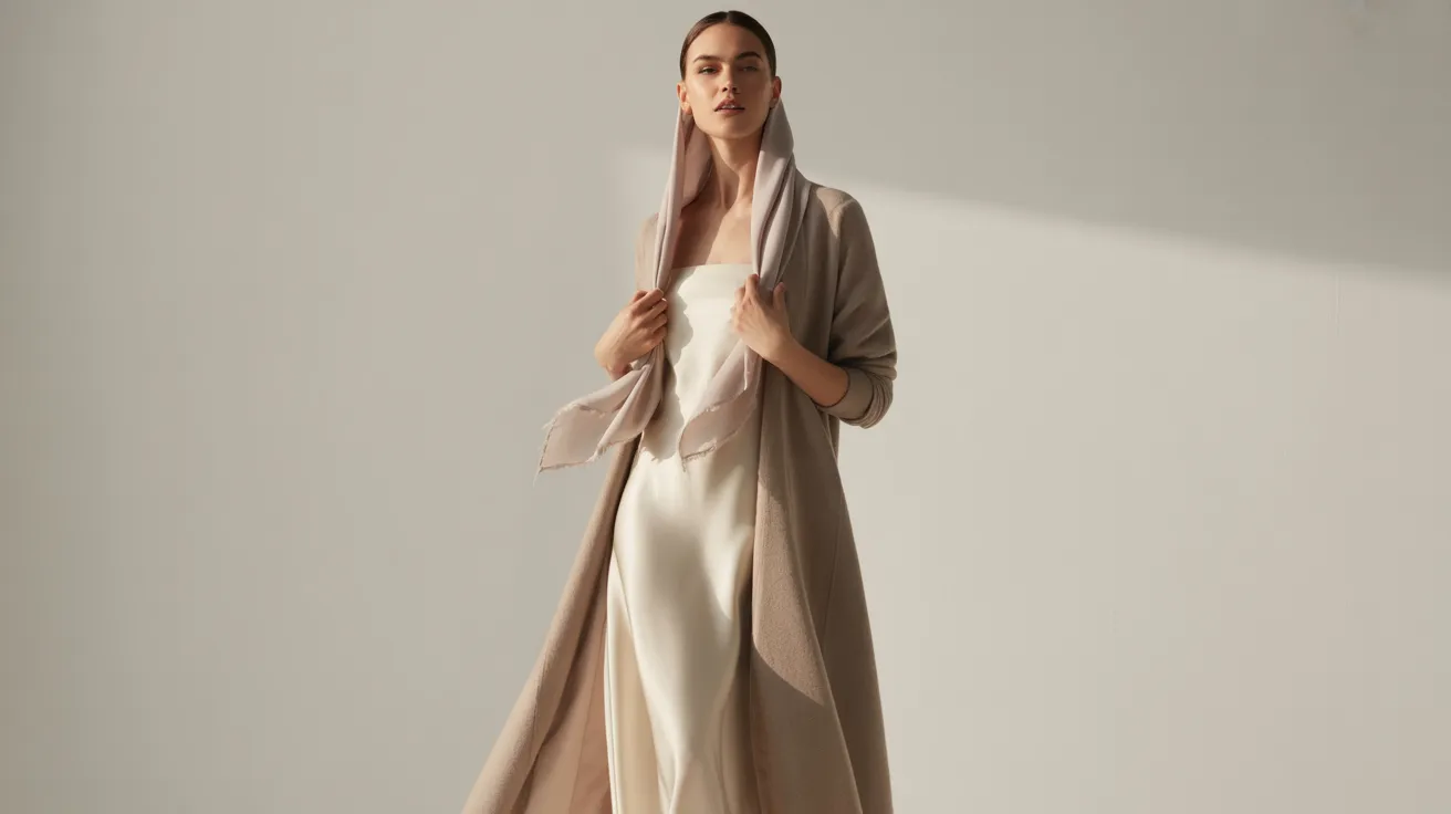  A woman wearing a long dress and coat stands elegantly, showcasing her stylish outfit against a neutral background.
