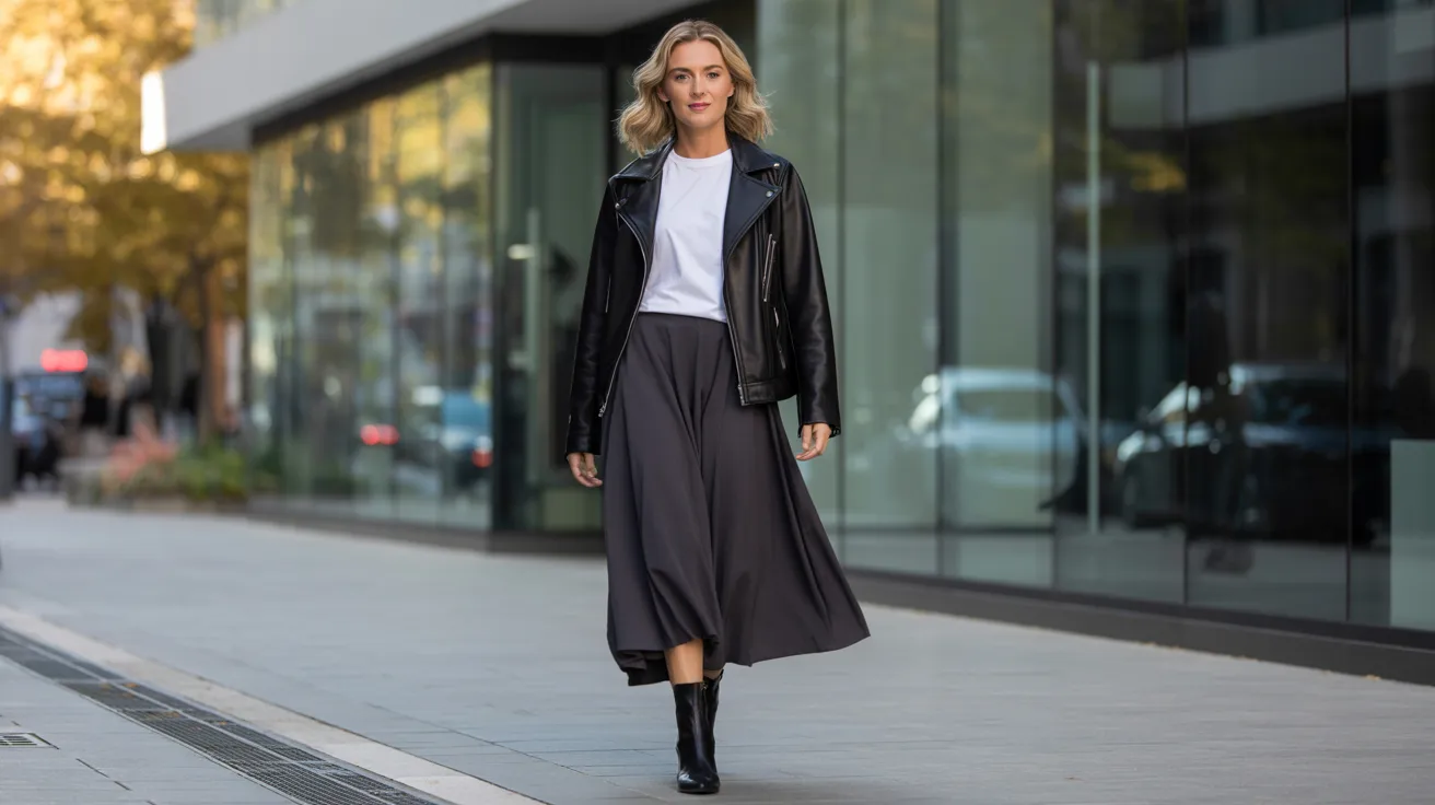 A woman in a black leather jacket and skirt confidently walks down the street.