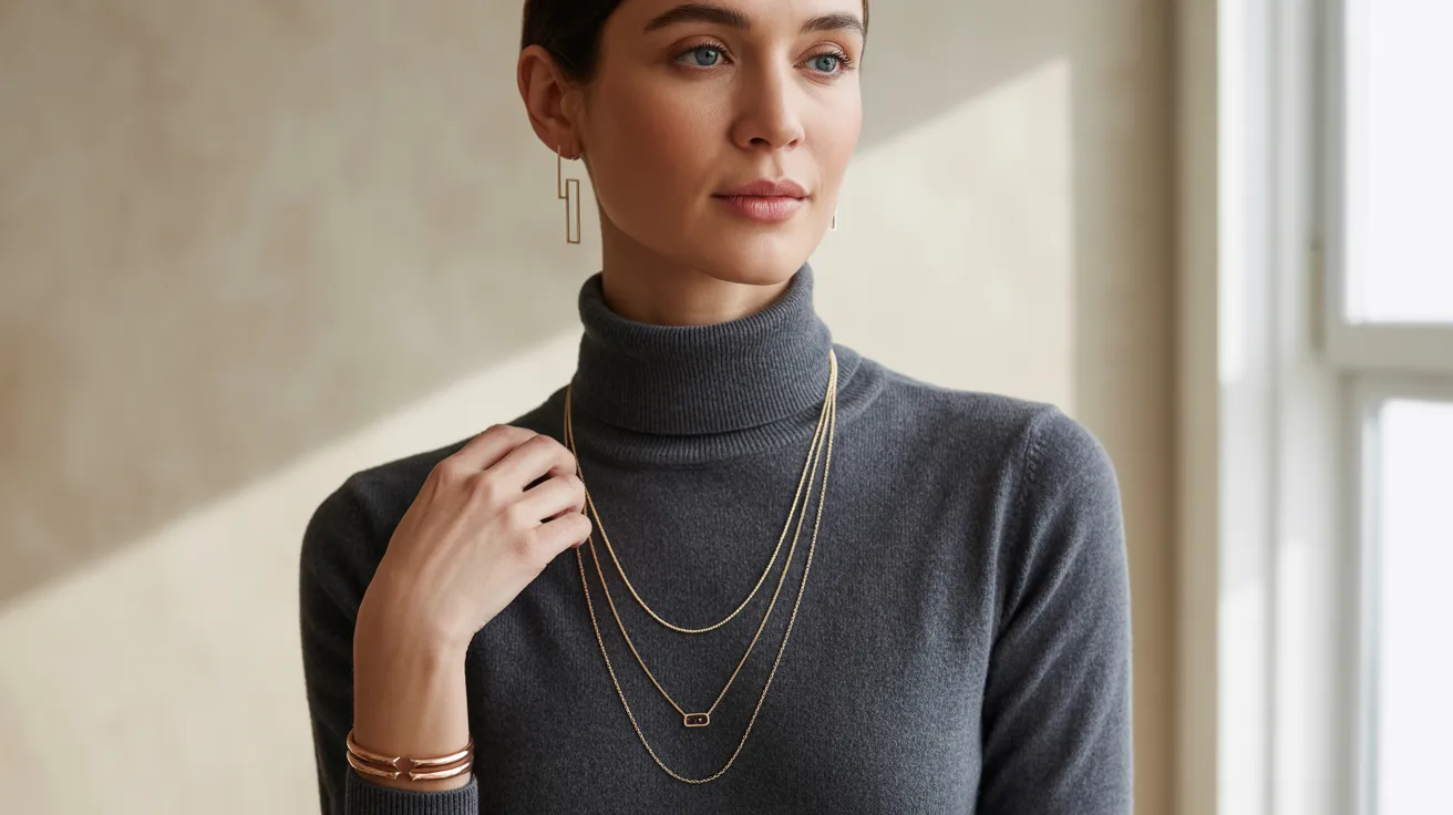 A woman in a turtleneck sweater adorned with gold jewelry, showcasing a stylish and elegant look.