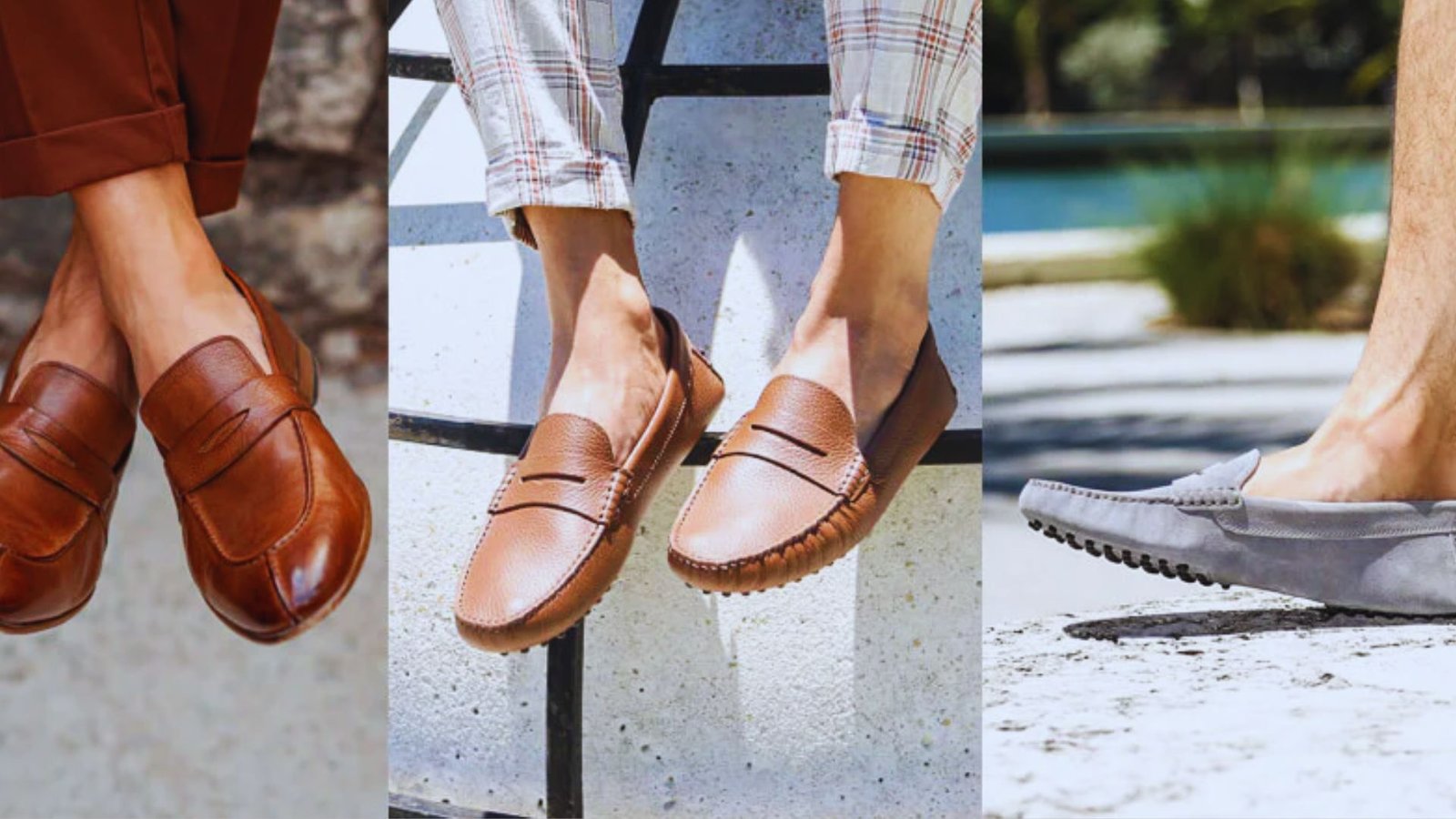  A collage of Three images displaying different shoes paired with men's feet, highlighting diverse footwear styles.