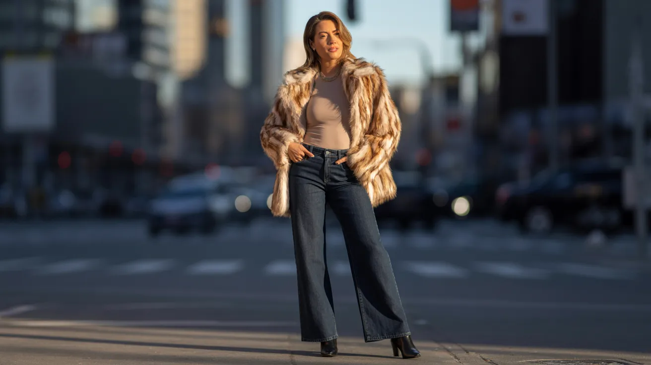A woman wearing a fur coat and jeans stands confidently on a bustling city street.