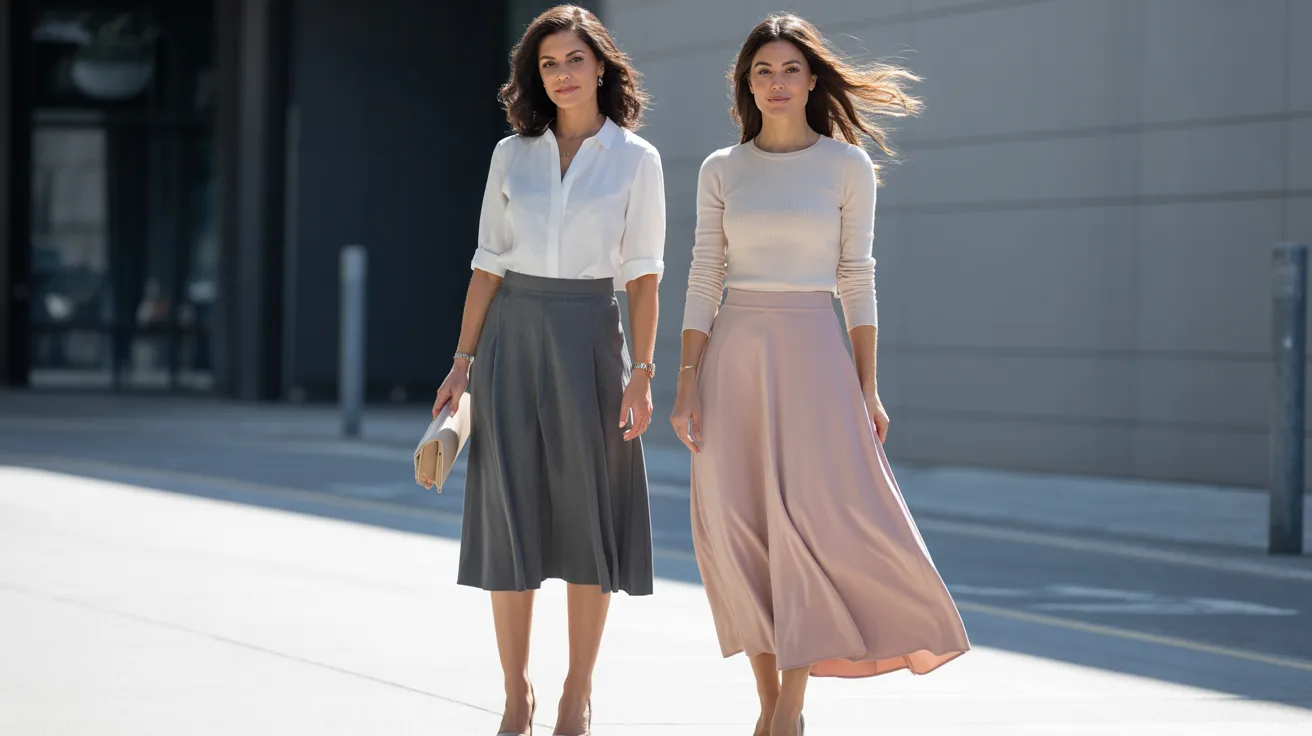 Two women in skirts walking side by side down a city street, engaged in conversation.