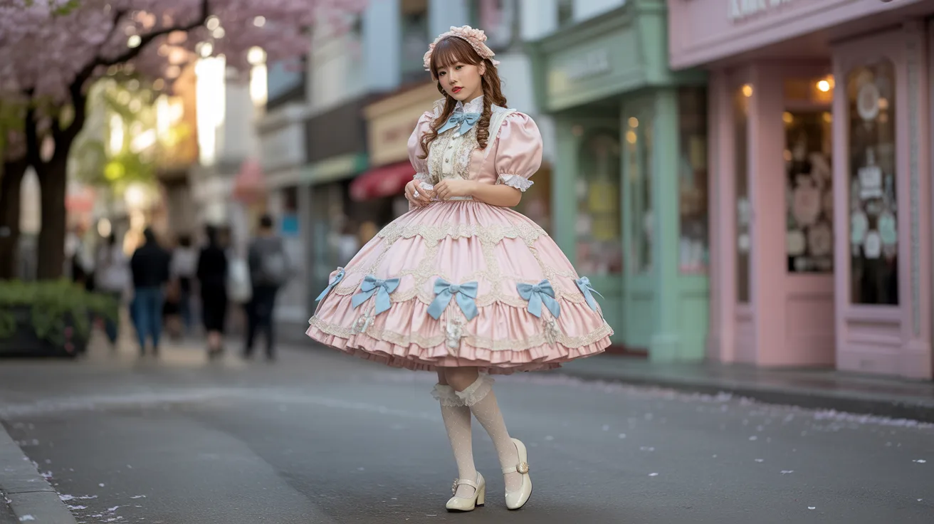 A woman in a pink dress stands on a city street, surrounded by buildings and a clear blue sky.