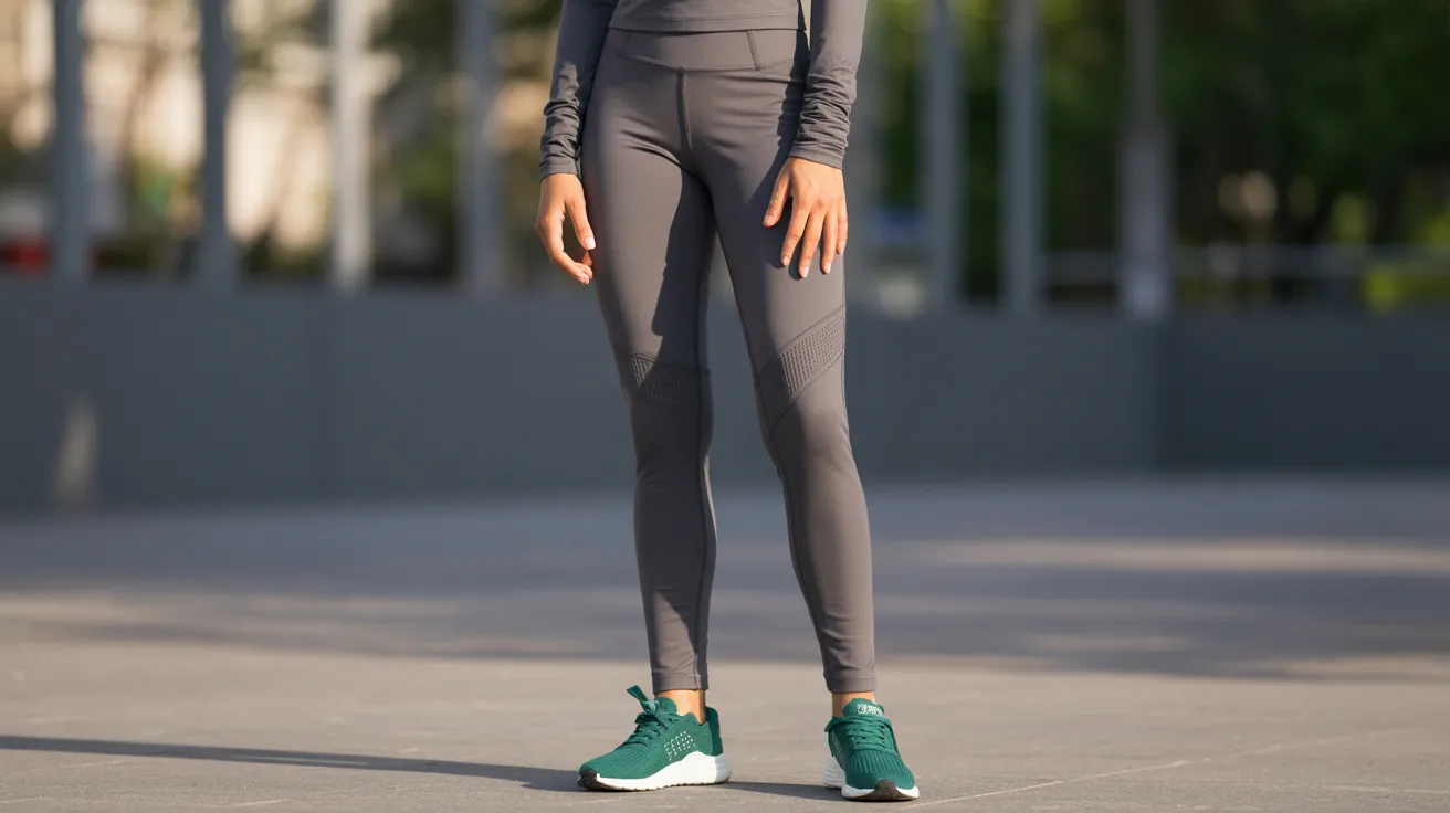 A woman in a grey athletic outfit stands on a street, embodying fitness and determination.