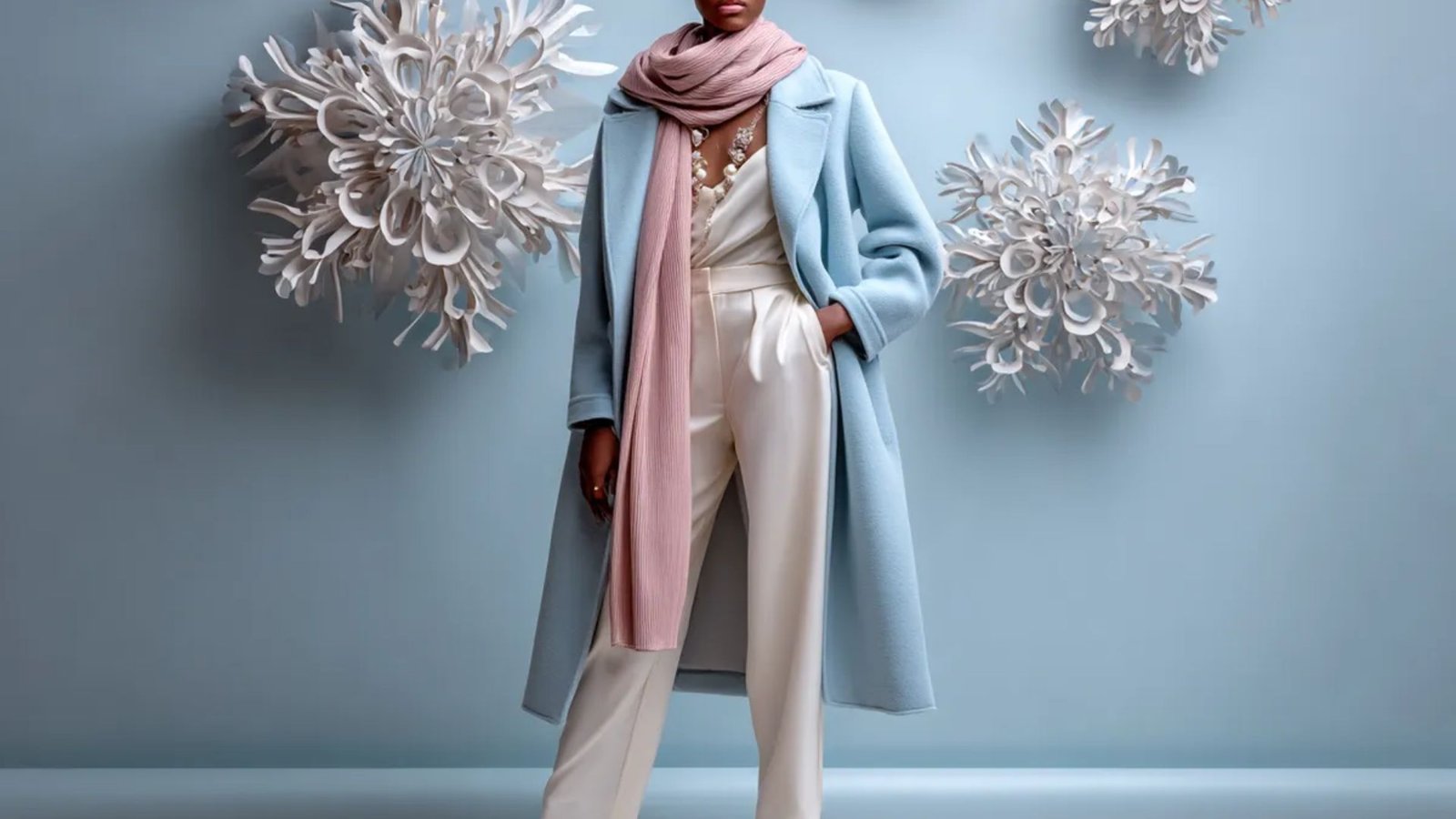 A woman wearing a blue coat and white pants stands confidently, showcasing a stylish and modern outfit.