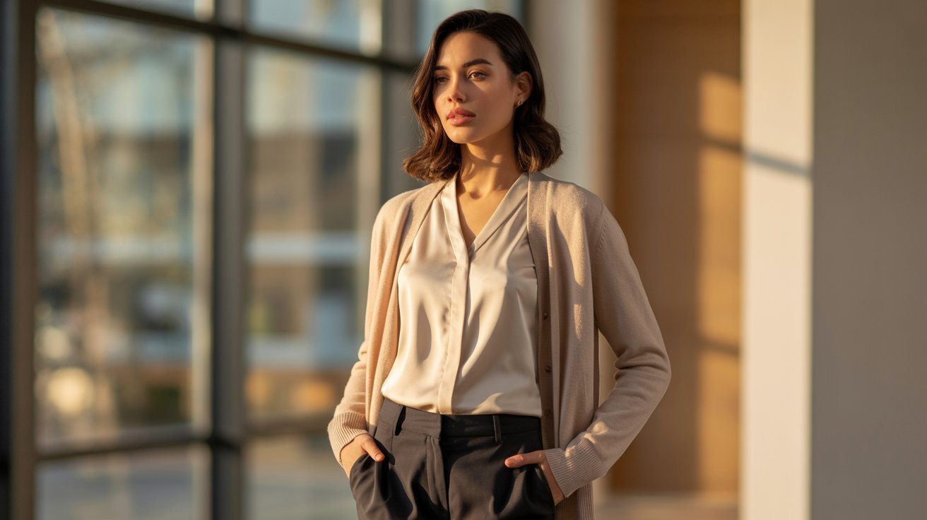 A woman in a business suit stands confidently in a modern office, surrounded by sleek furniture and large windows.