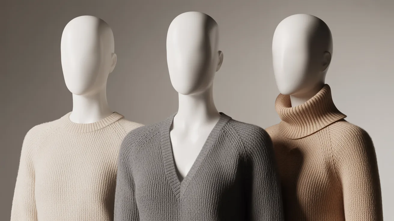 Three mannequins display a variety of sweaters and jackets in a retail setting.