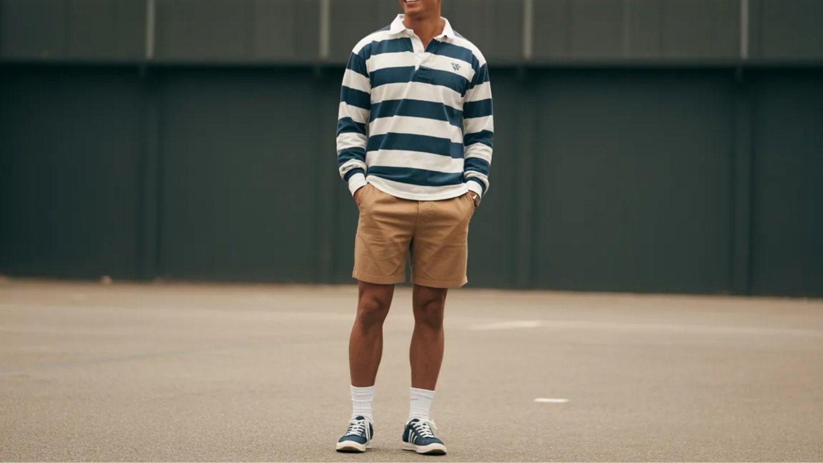 A man wearing a striped shirt and shorts stands casually, smiling at the camera.