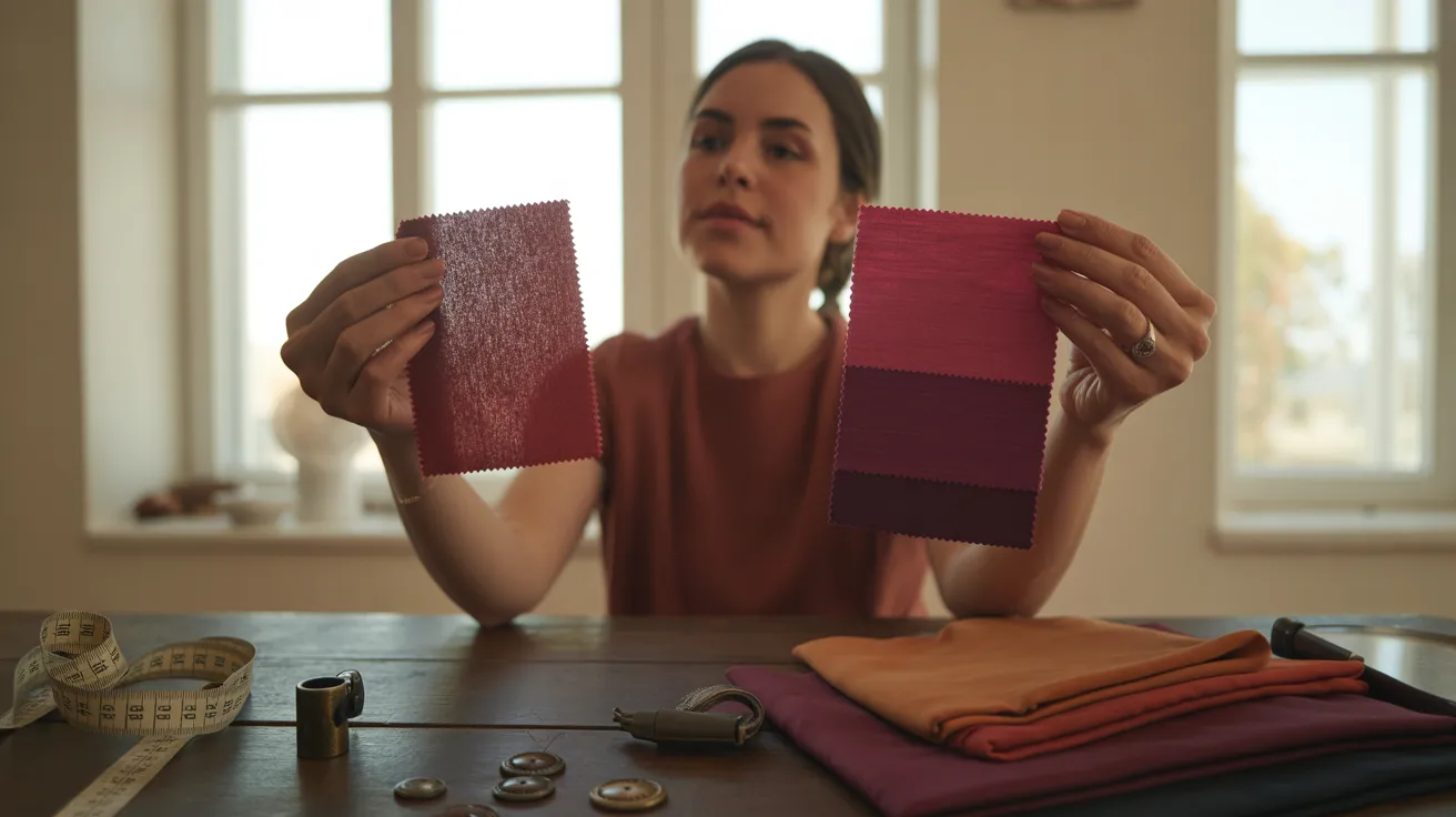  A woman holds up a colorful piece of fabric, showcasing its texture and pattern against a neutral background.
