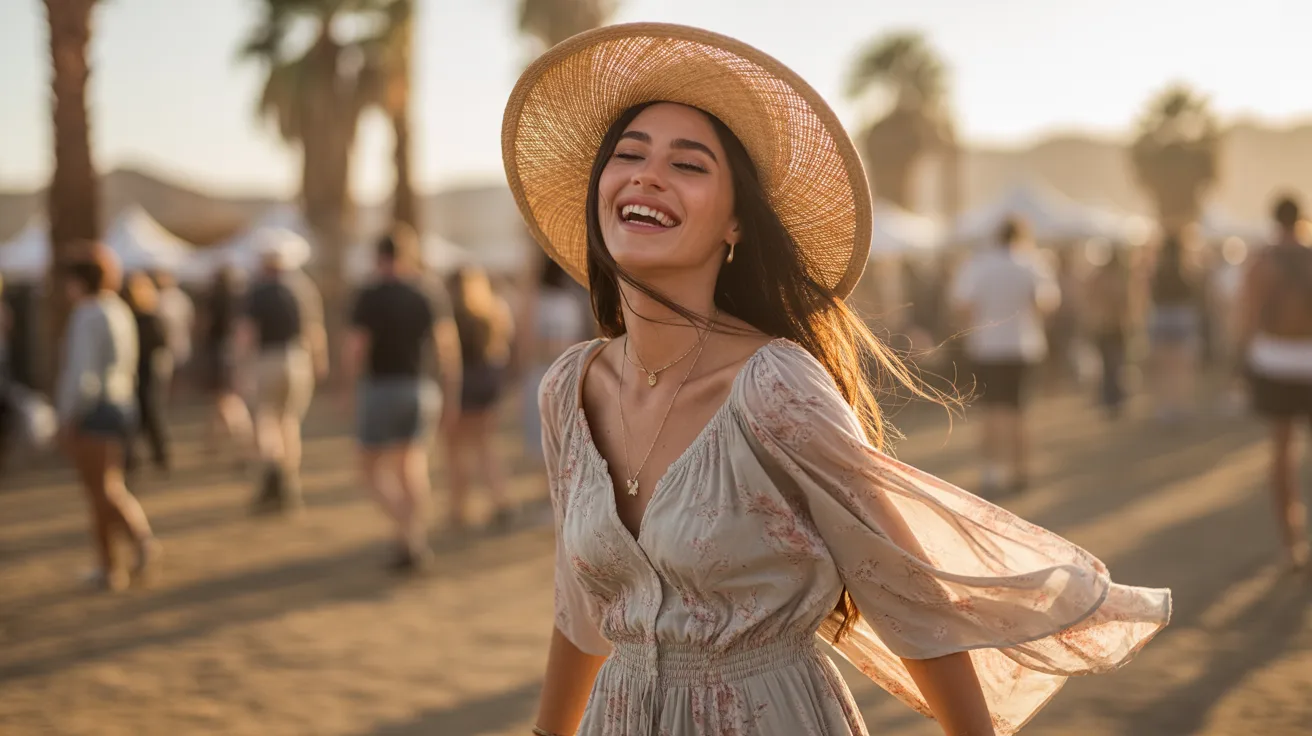A woman wearing a hat and dress smiles warmly at the camera, exuding joy and confidence.
